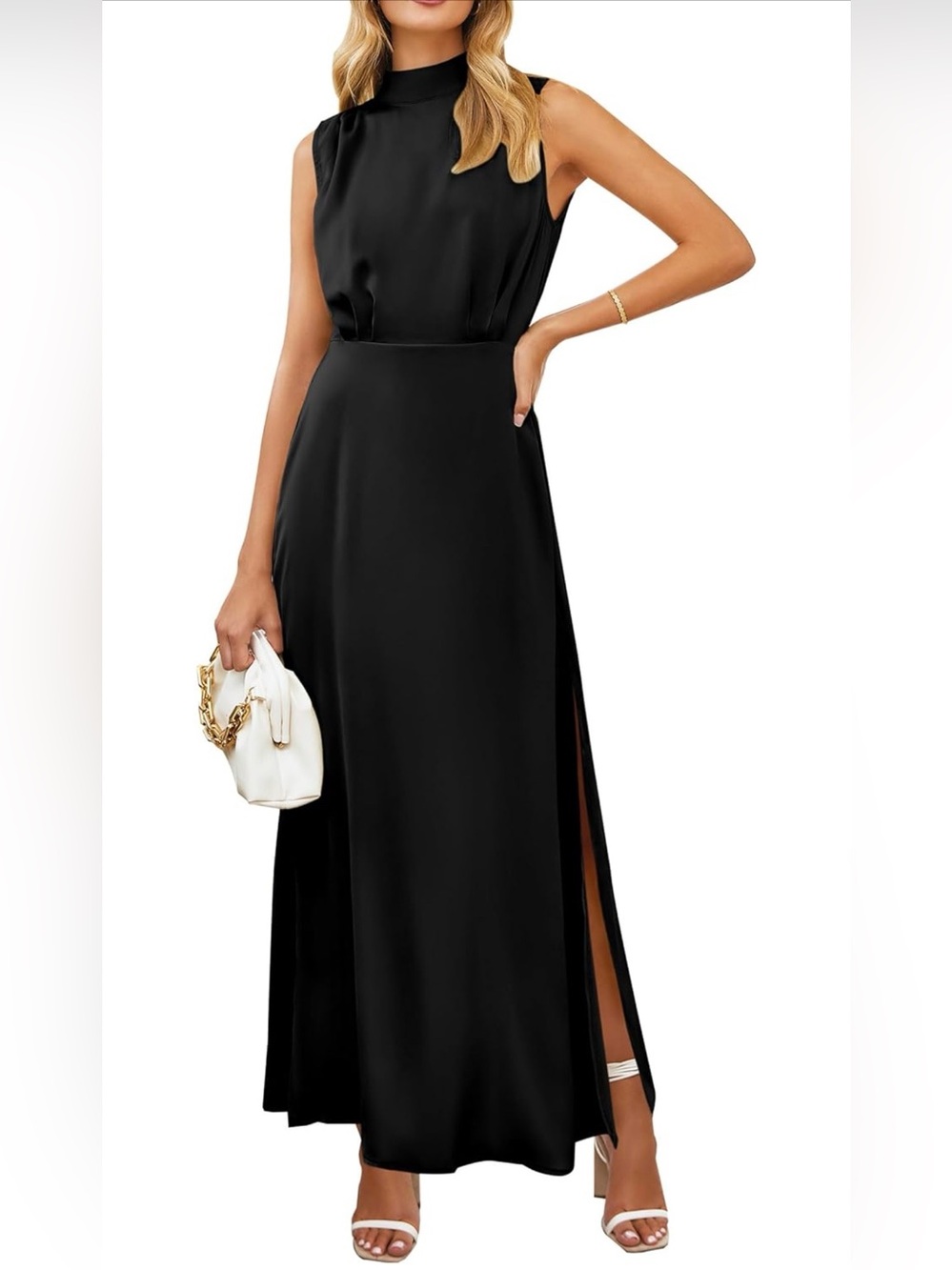 Chic Black High-Neck Sleeveless Maxi Dress with Side Slit